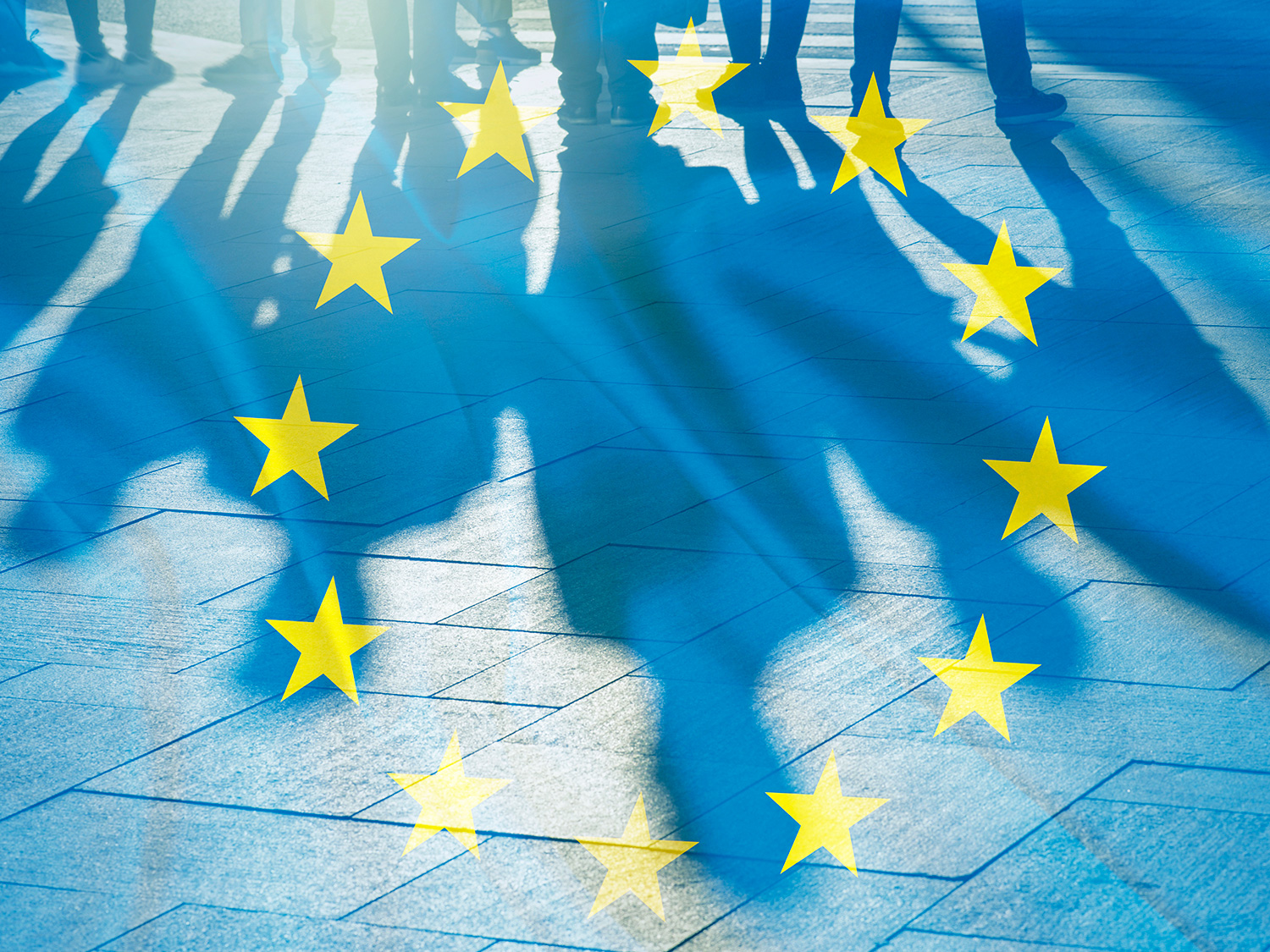 light blue background and a circle of 12 yellow stars