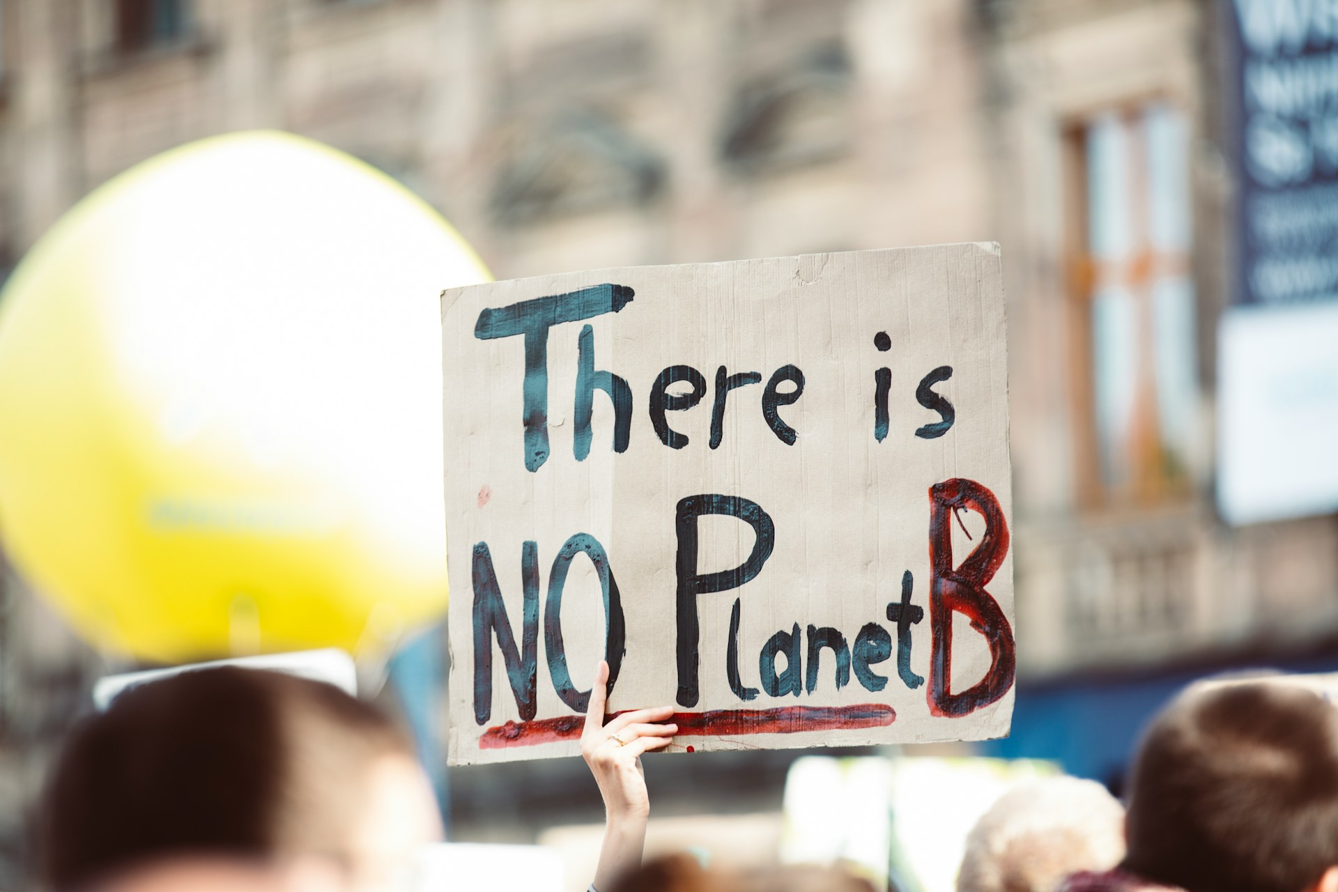 Crowd, hand showing written sign 'There is NO Planet B'.