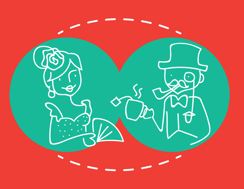 Drawing of a gal and a gentleman chatting